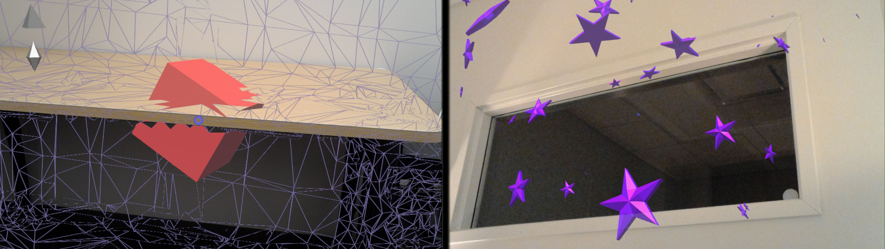 Figure 13: Left: Red cube collides with the table. Right: Particles collide with the space.